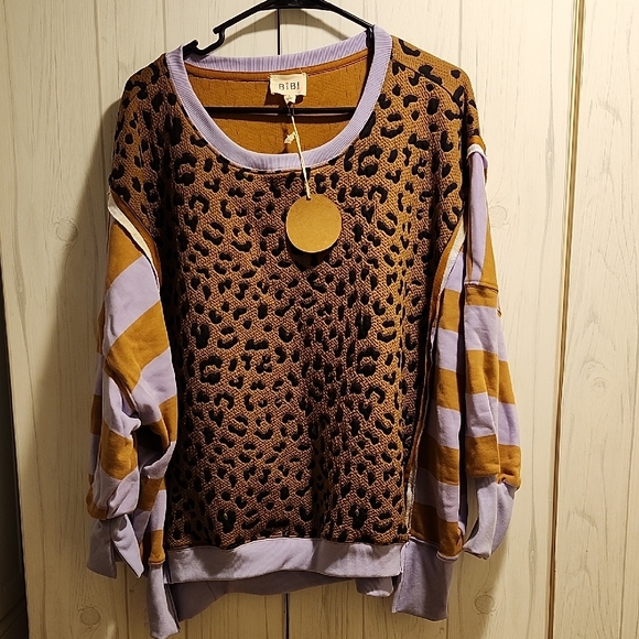 BiBi Sweaters - BiBi Leopard And Striped Print Top